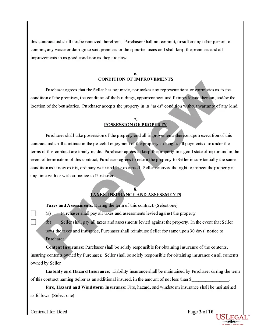 Preview Agreement or Contract for Deed for Sale and Purchase of Real Estate a/k/a Land or Executory Contract