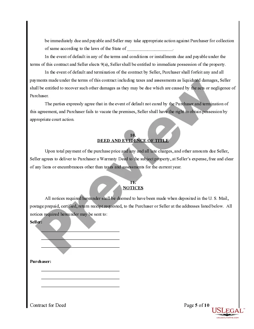 Preview Agreement or Contract for Deed for Sale and Purchase of Real Estate a/k/a Land or Executory Contract