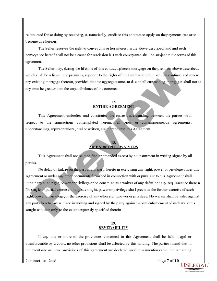 Preview Agreement or Contract for Deed for Sale and Purchase of Real Estate a/k/a Land or Executory Contract