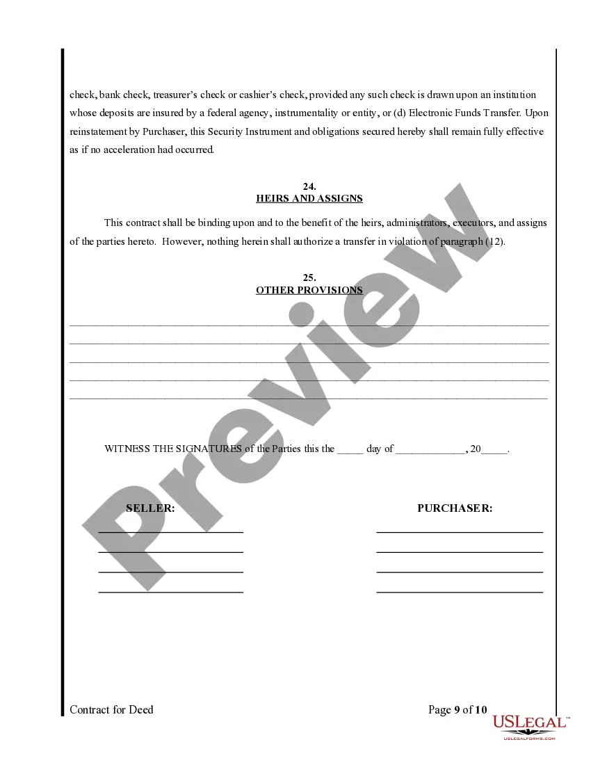 Preview Agreement or Contract for Deed for Sale and Purchase of Real Estate a/k/a Land or Executory Contract