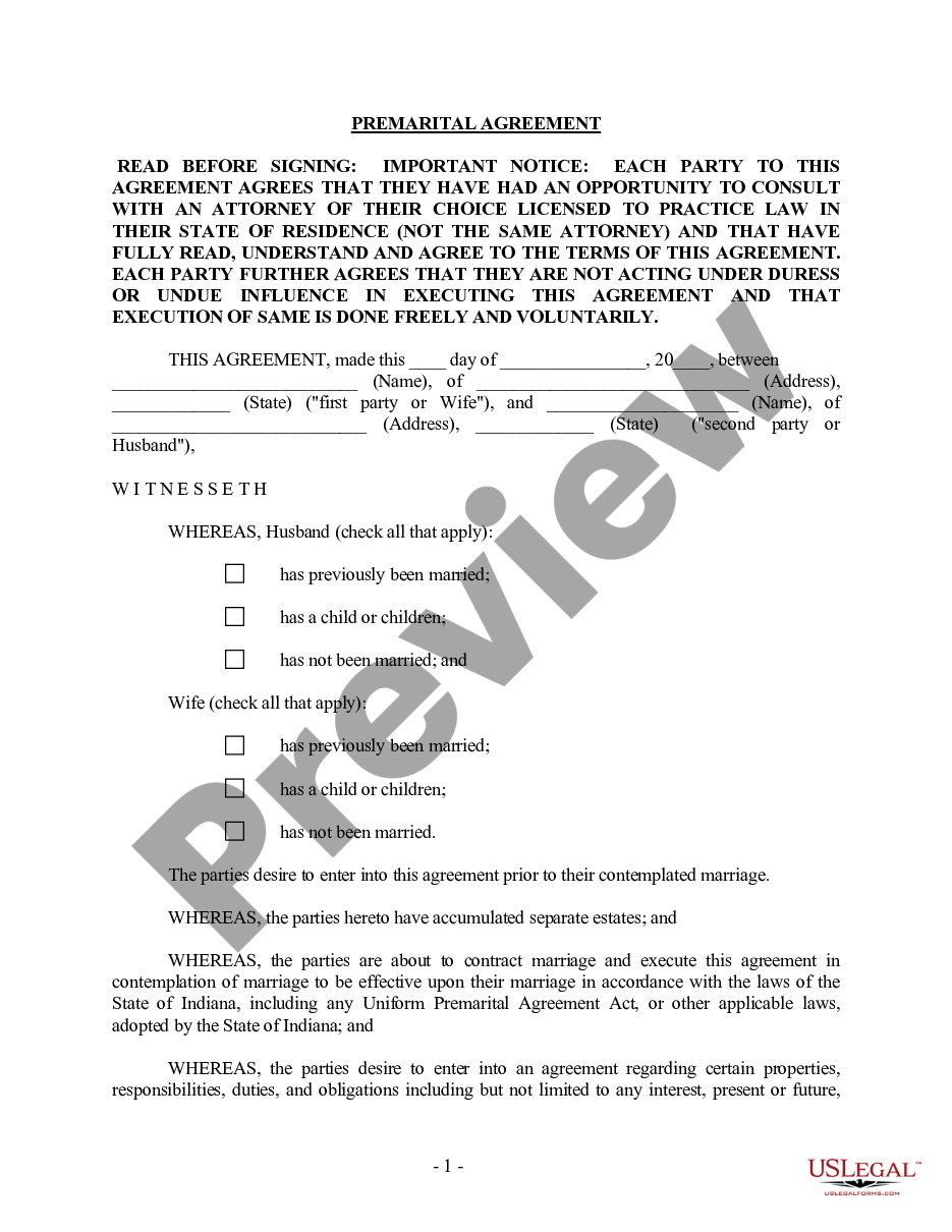 form Indiana Prenuptial Premarital Agreement - Uniform Premarital Agreement Act - with Financial Statements preview