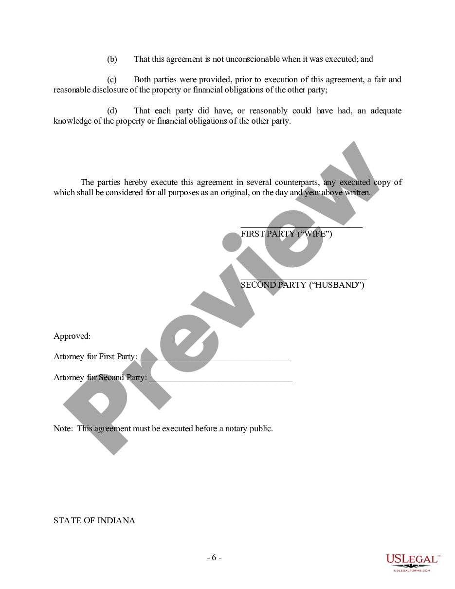 form Indiana Prenuptial Premarital Agreement - Uniform Premarital Agreement Act - with Financial Statements preview