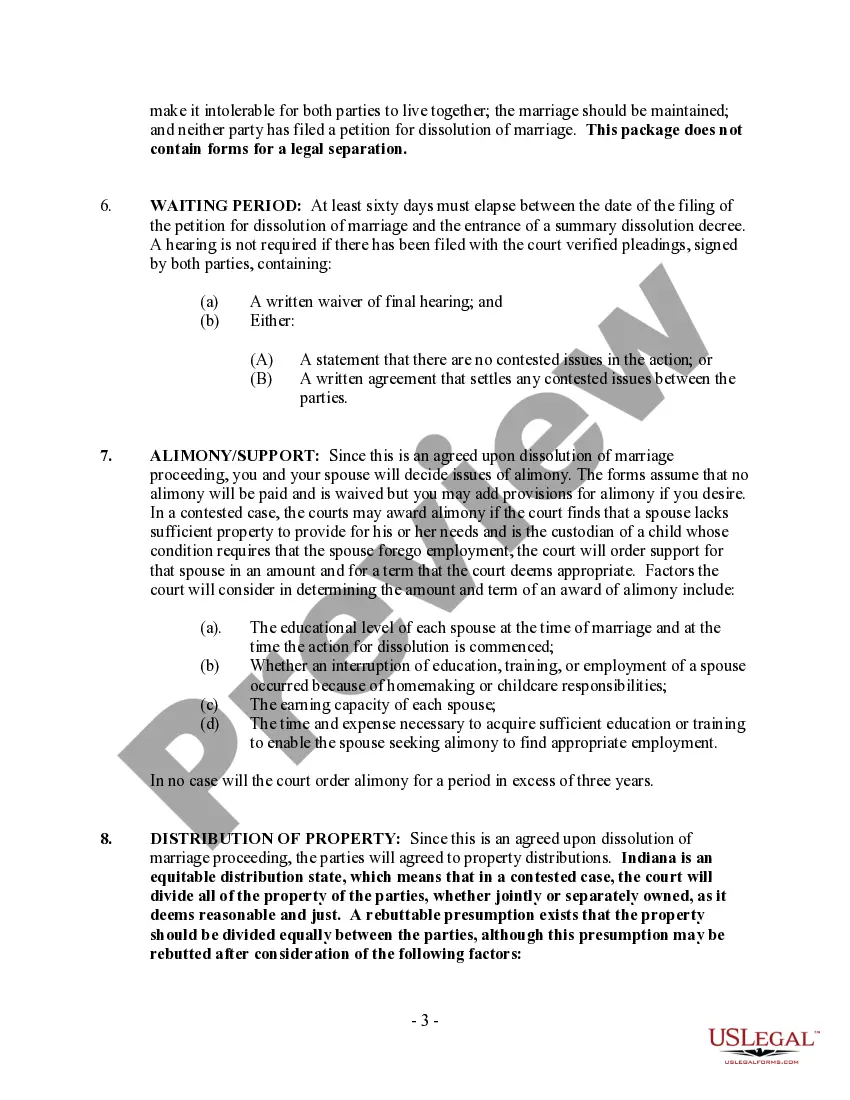 Preview Indiana No-Fault Agreed Uncontested Divorce Package for Dissolution of Marriage for people with Minor Children