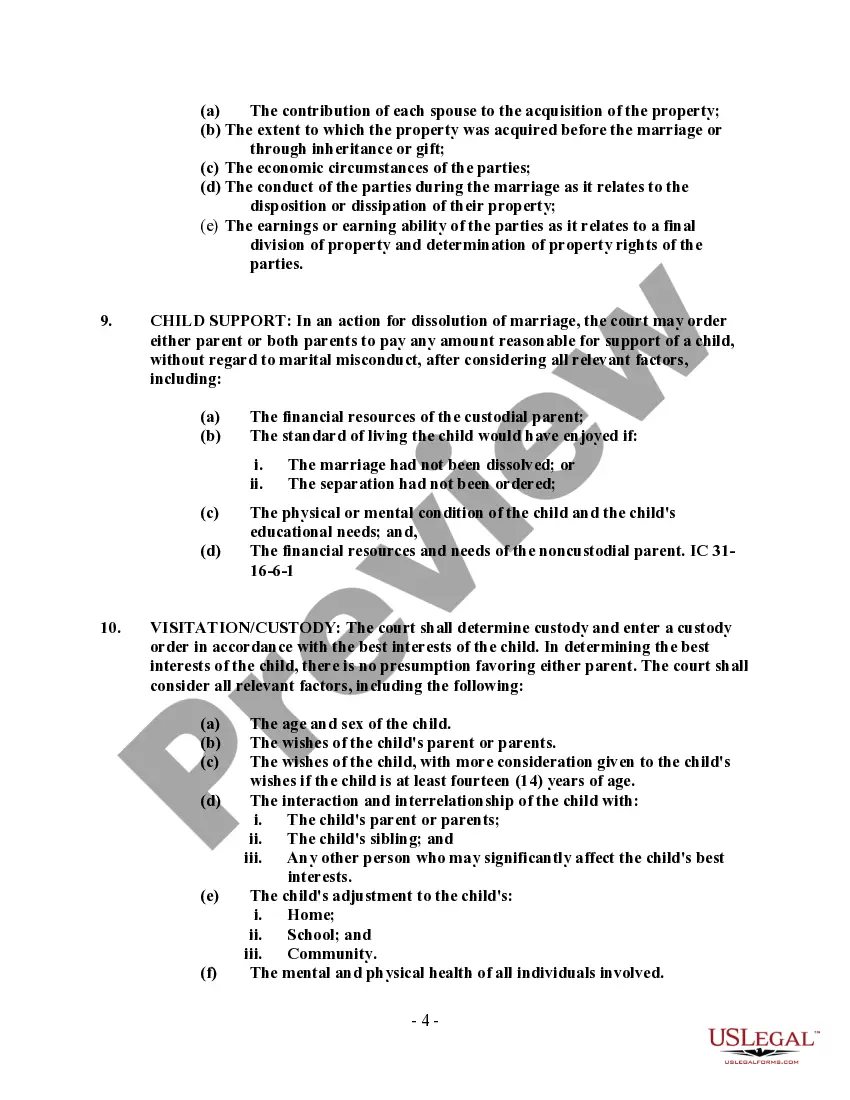 Preview Indiana No-Fault Agreed Uncontested Divorce Package for Dissolution of Marriage for people with Minor Children