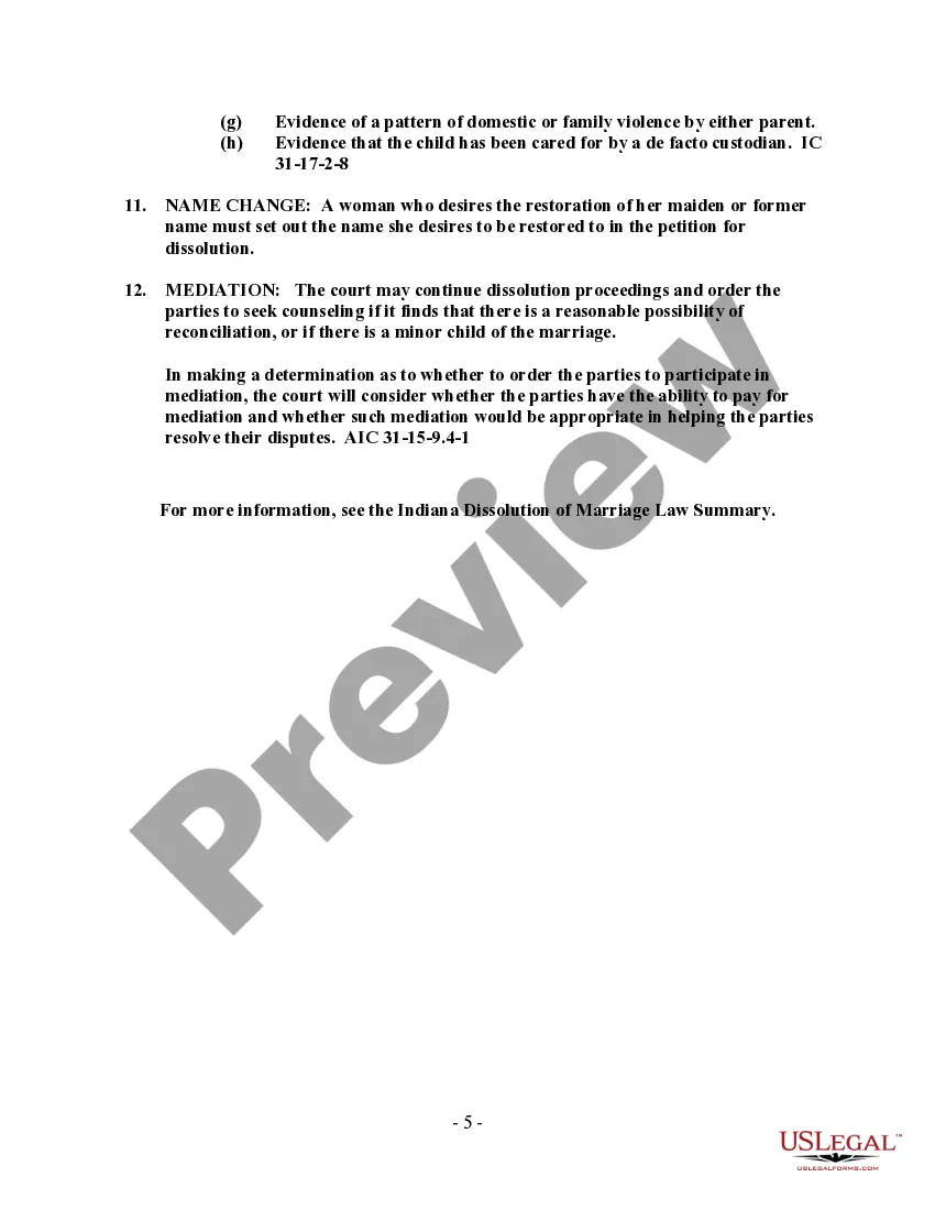 Preview Indiana No-Fault Agreed Uncontested Divorce Package for Dissolution of Marriage for people with Minor Children
