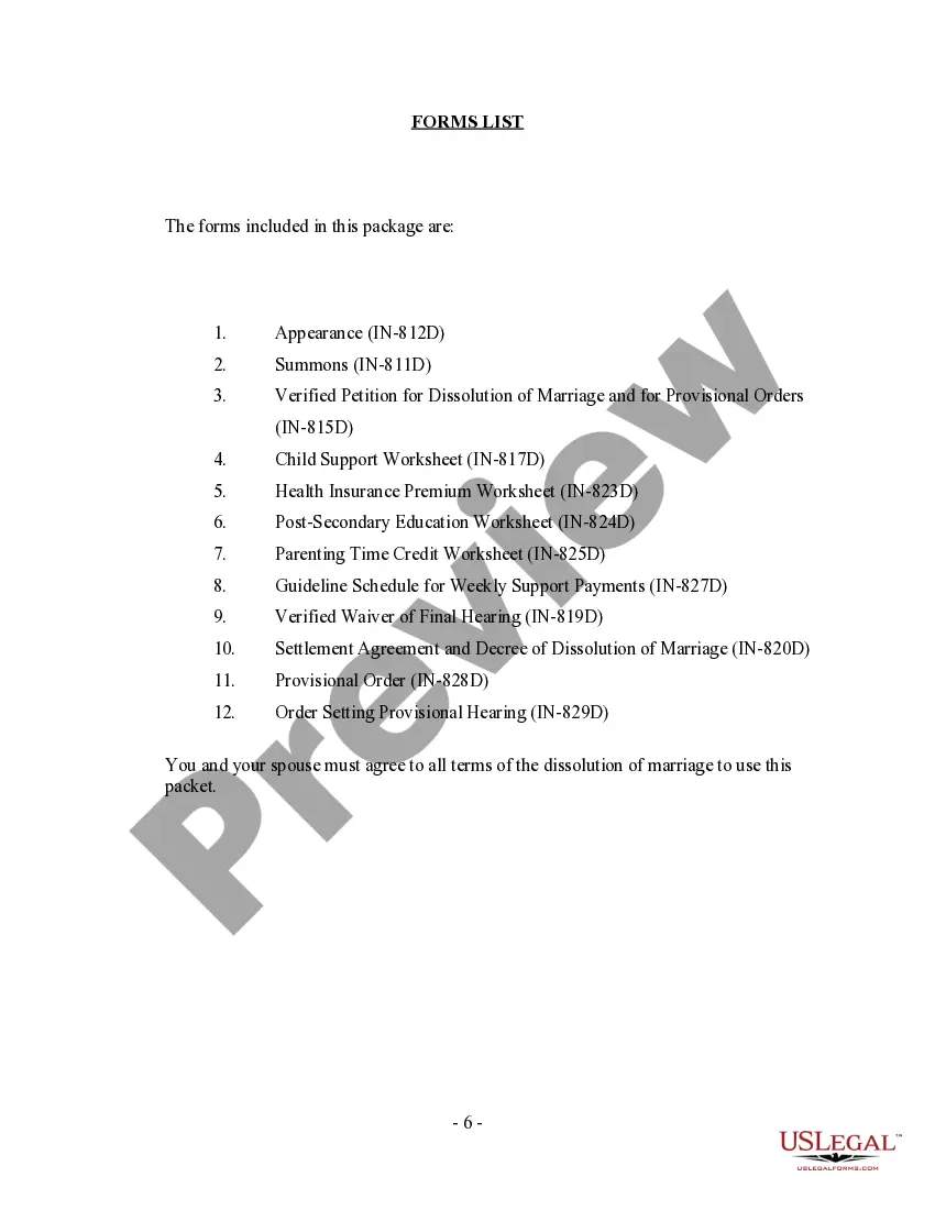 Preview Indiana No-Fault Agreed Uncontested Divorce Package for Dissolution of Marriage for people with Minor Children