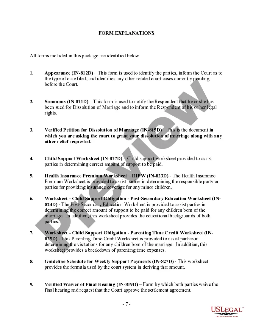Preview Indiana No-Fault Agreed Uncontested Divorce Package for Dissolution of Marriage for people with Minor Children