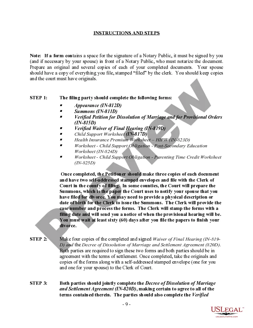 Preview Indiana No-Fault Agreed Uncontested Divorce Package for Dissolution of Marriage for people with Minor Children