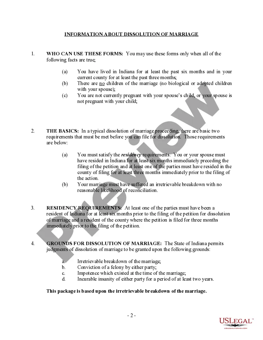Preview Indiana No-Fault Agreed Uncontested Divorce Package for Dissolution of Marriage for Persons with No Children with or without Property and Debts