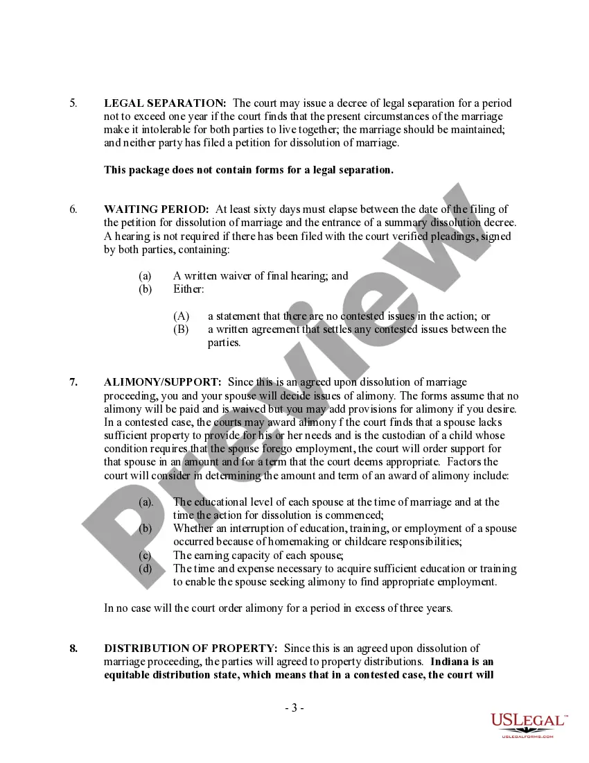 Preview Indiana No-Fault Agreed Uncontested Divorce Package for Dissolution of Marriage for Persons with No Children with or without Property and Debts