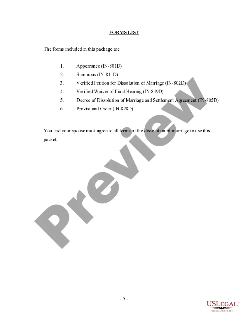 Preview Indiana No-Fault Agreed Uncontested Divorce Package for Dissolution of Marriage for Persons with No Children with or without Property and Debts