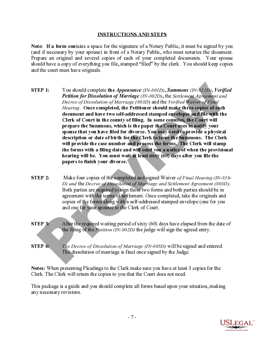 Preview Indiana No-Fault Agreed Uncontested Divorce Package for Dissolution of Marriage for Persons with No Children with or without Property and Debts