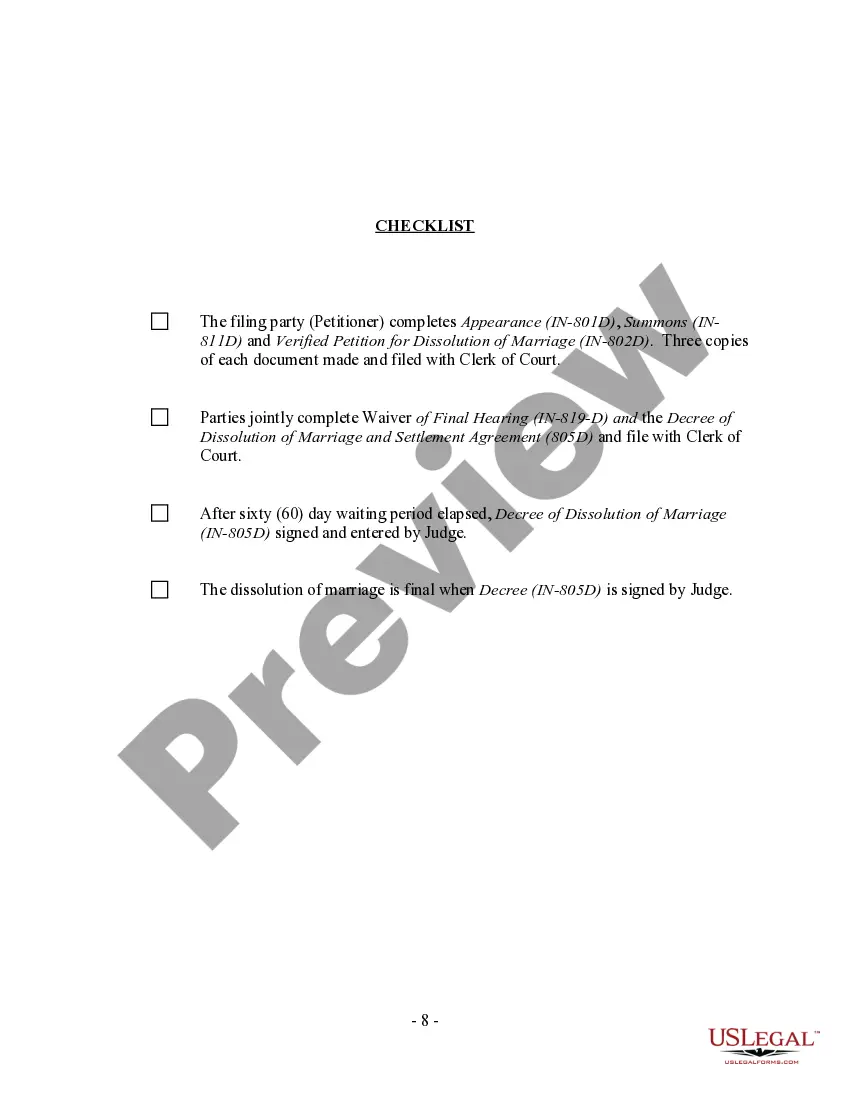 Preview Indiana No-Fault Agreed Uncontested Divorce Package for Dissolution of Marriage for Persons with No Children with or without Property and Debts