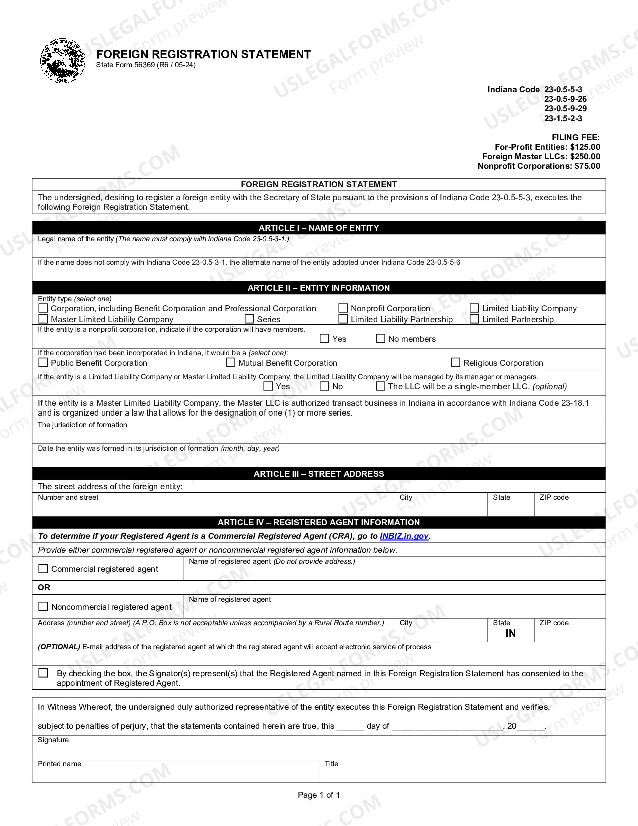 Preview Indiana Registration of Foreign Corporation