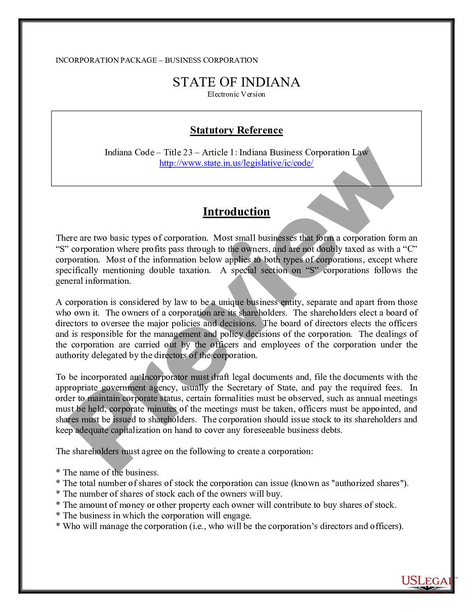 page 1 Indiana Business Incorporation Package to Incorporate Corporation preview