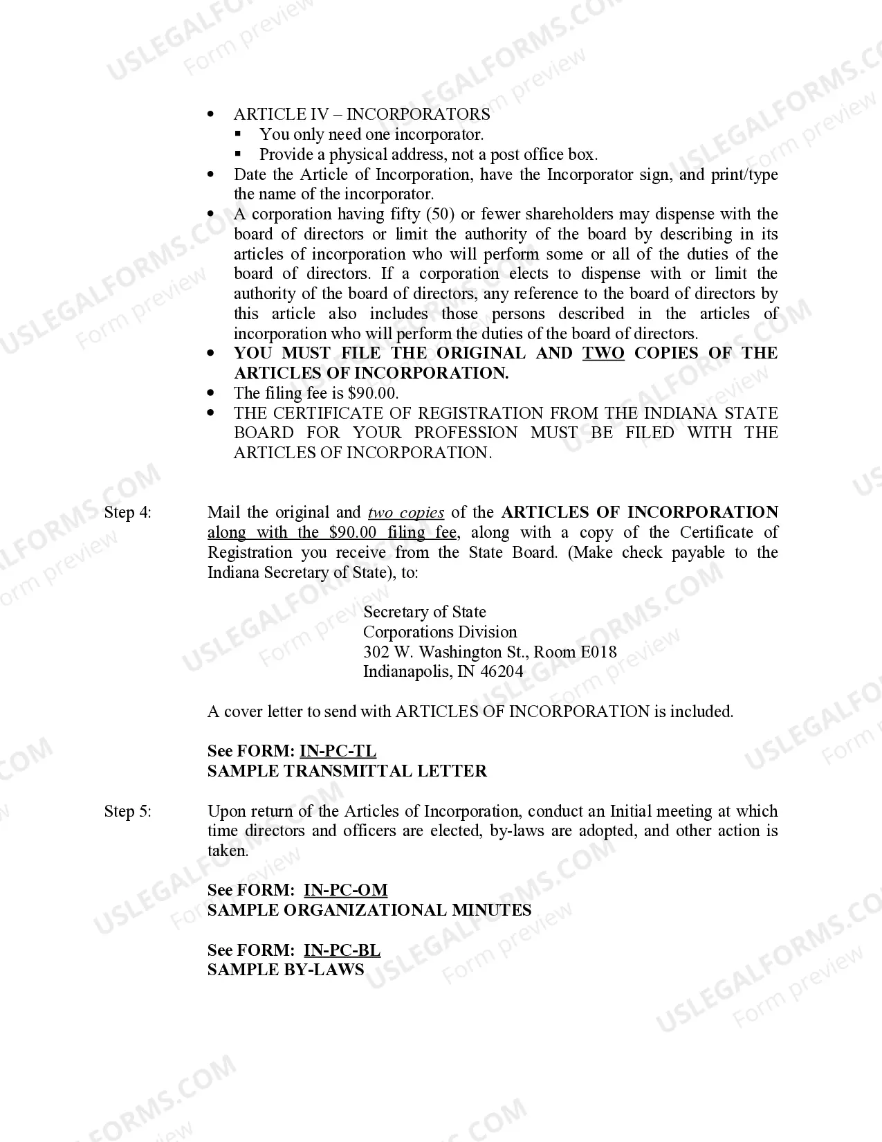 Preview Professional Corporation Package for Indiana