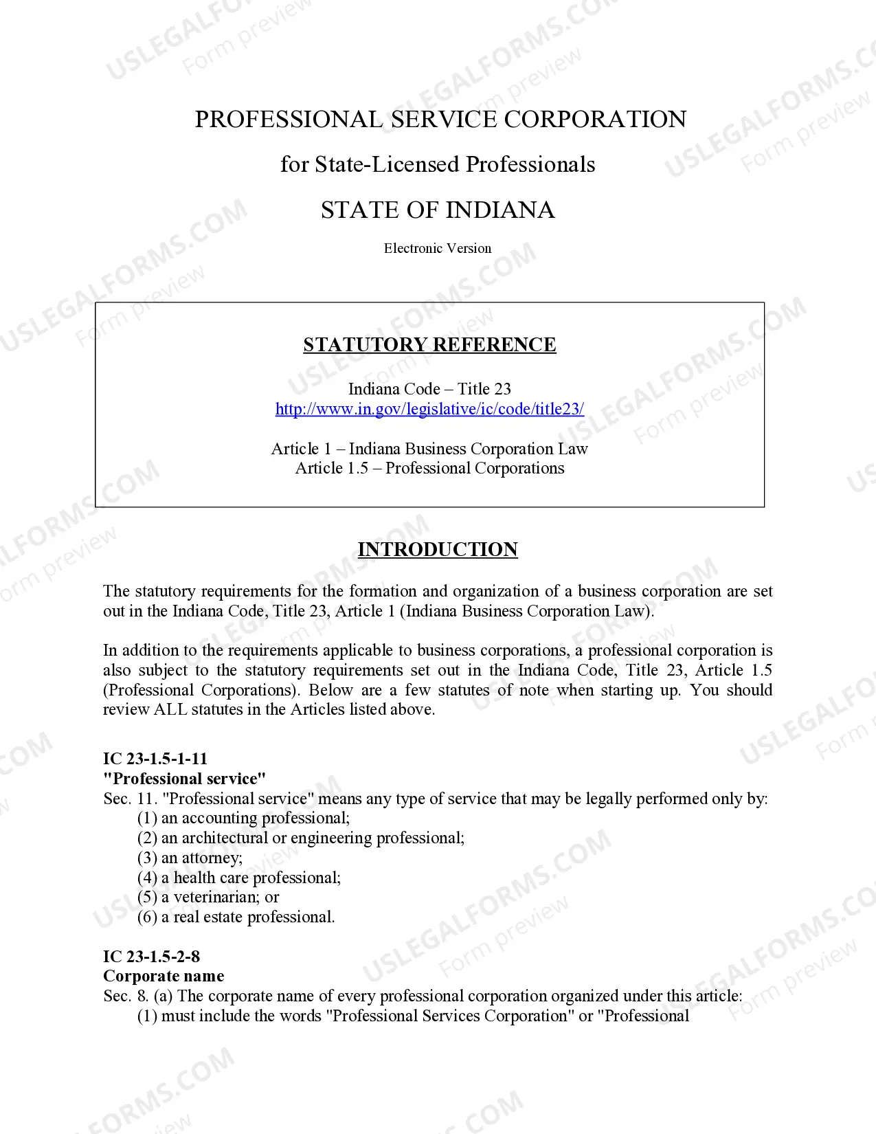 Preview Professional Corporation Package for Indiana