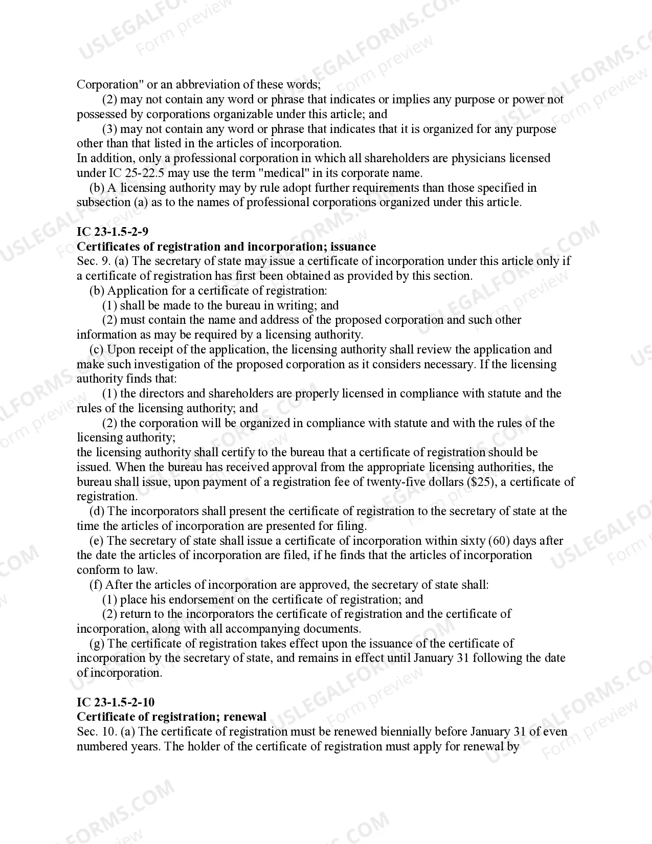 Preview Professional Corporation Package for Indiana