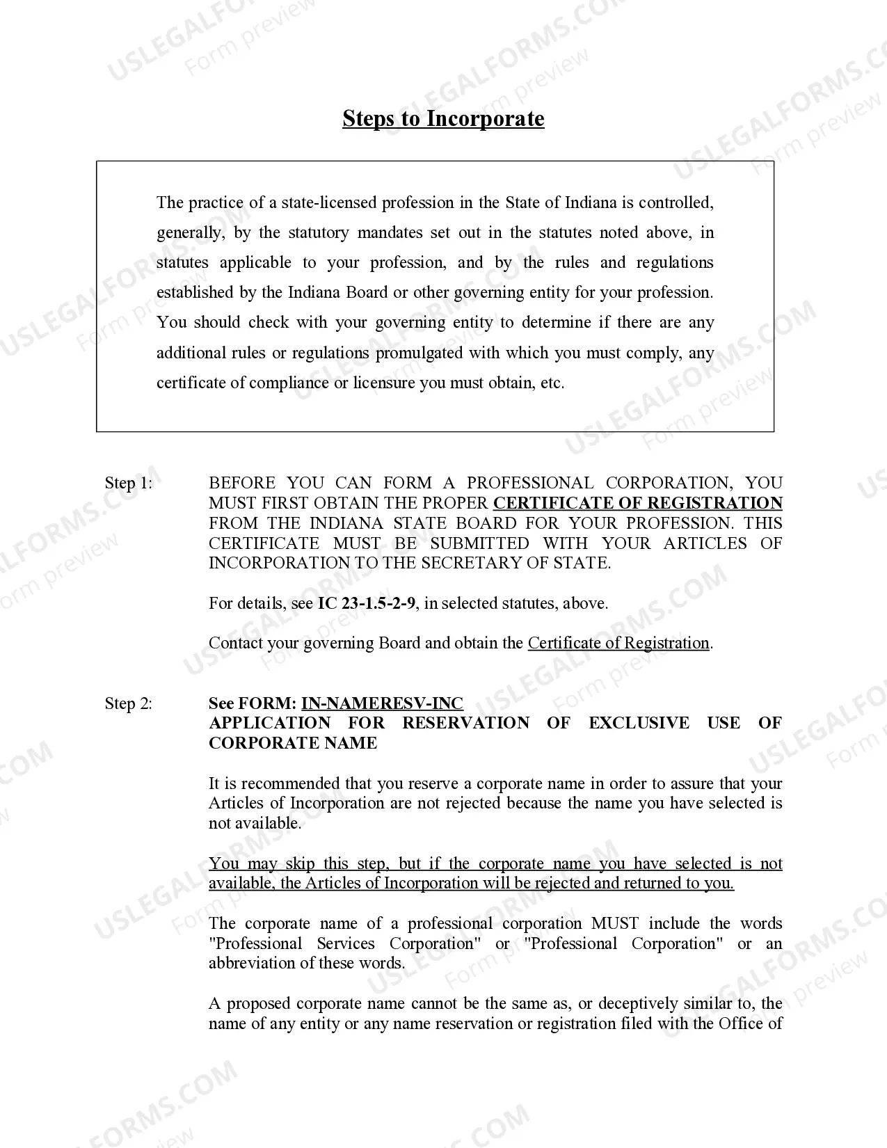 Preview Professional Corporation Package for Indiana