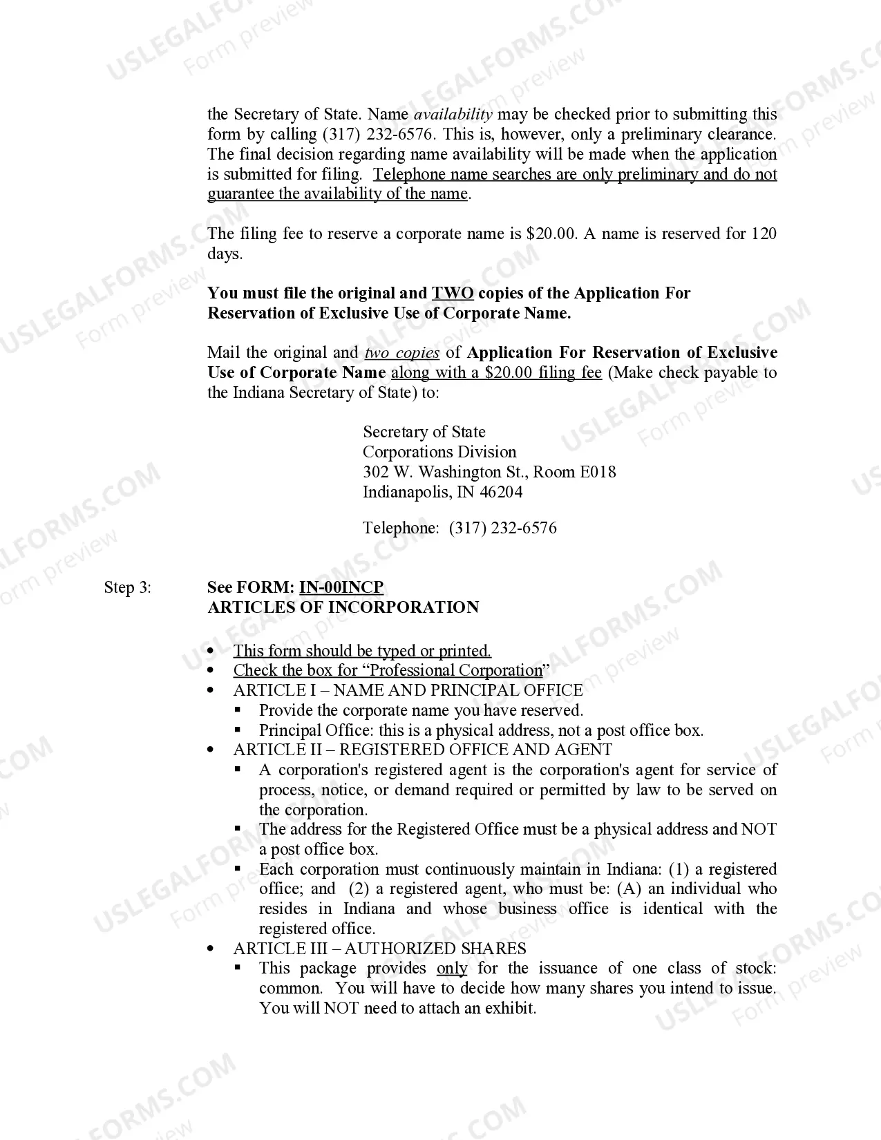 Preview Professional Corporation Package for Indiana