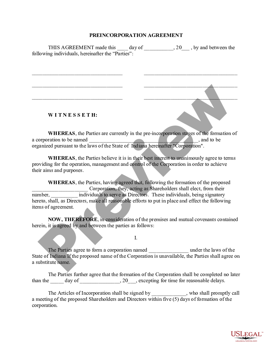 page 0 Indiana Pre-Incorporation Agreement, Shareholders Agreement and Confidentiality Agreement preview