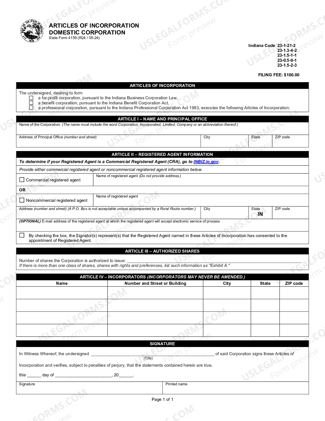 Preview Indiana Articles of Incorporation for Domestic For-Profit Corporation
