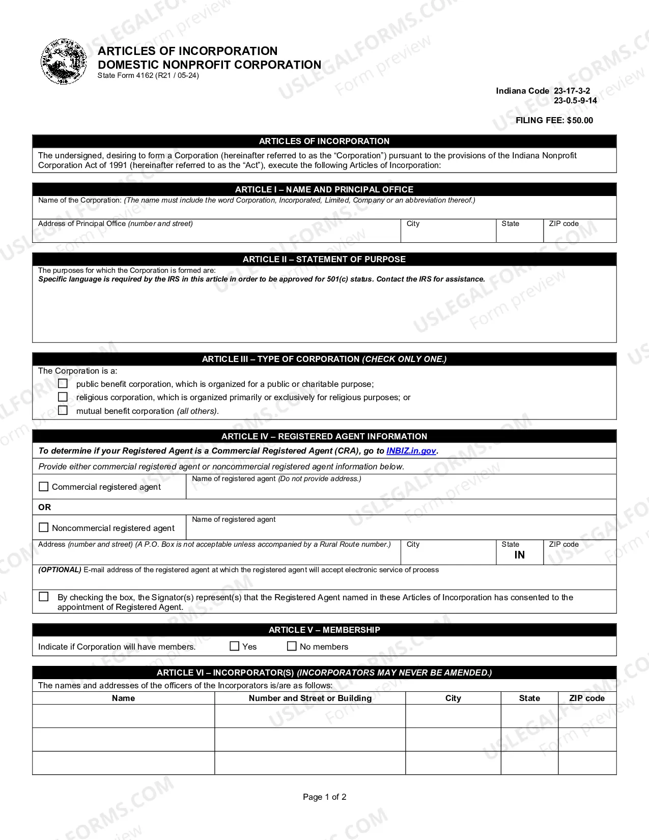 Preview Indiana Articles of Incorporation for Domestic Nonprofit Corporation