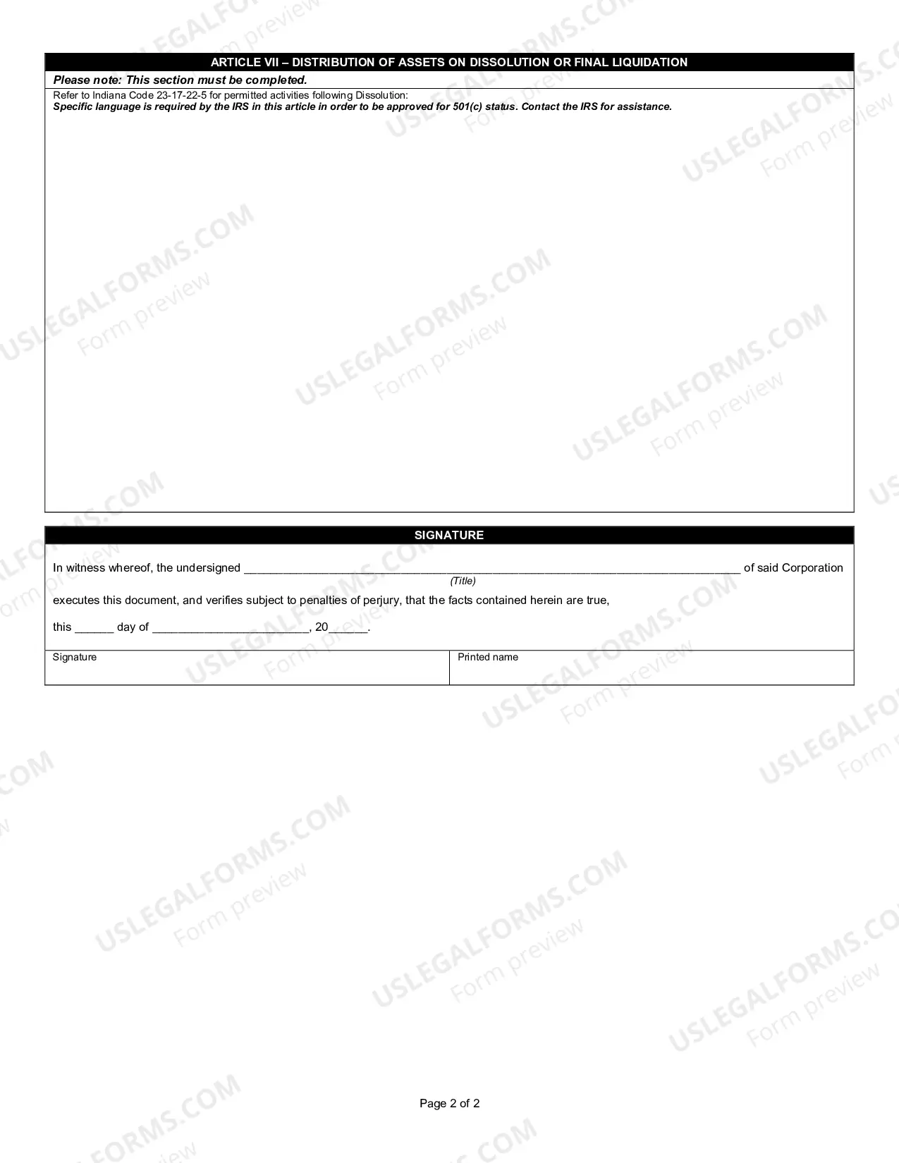 Preview Indiana Articles of Incorporation for Domestic Nonprofit Corporation