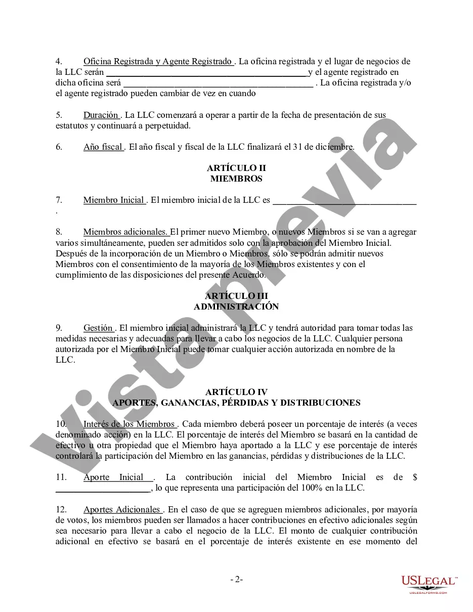 Preview Acuerdo Operativo LLC de Sociedad de Responsabilidad Limitada de Miembro Único