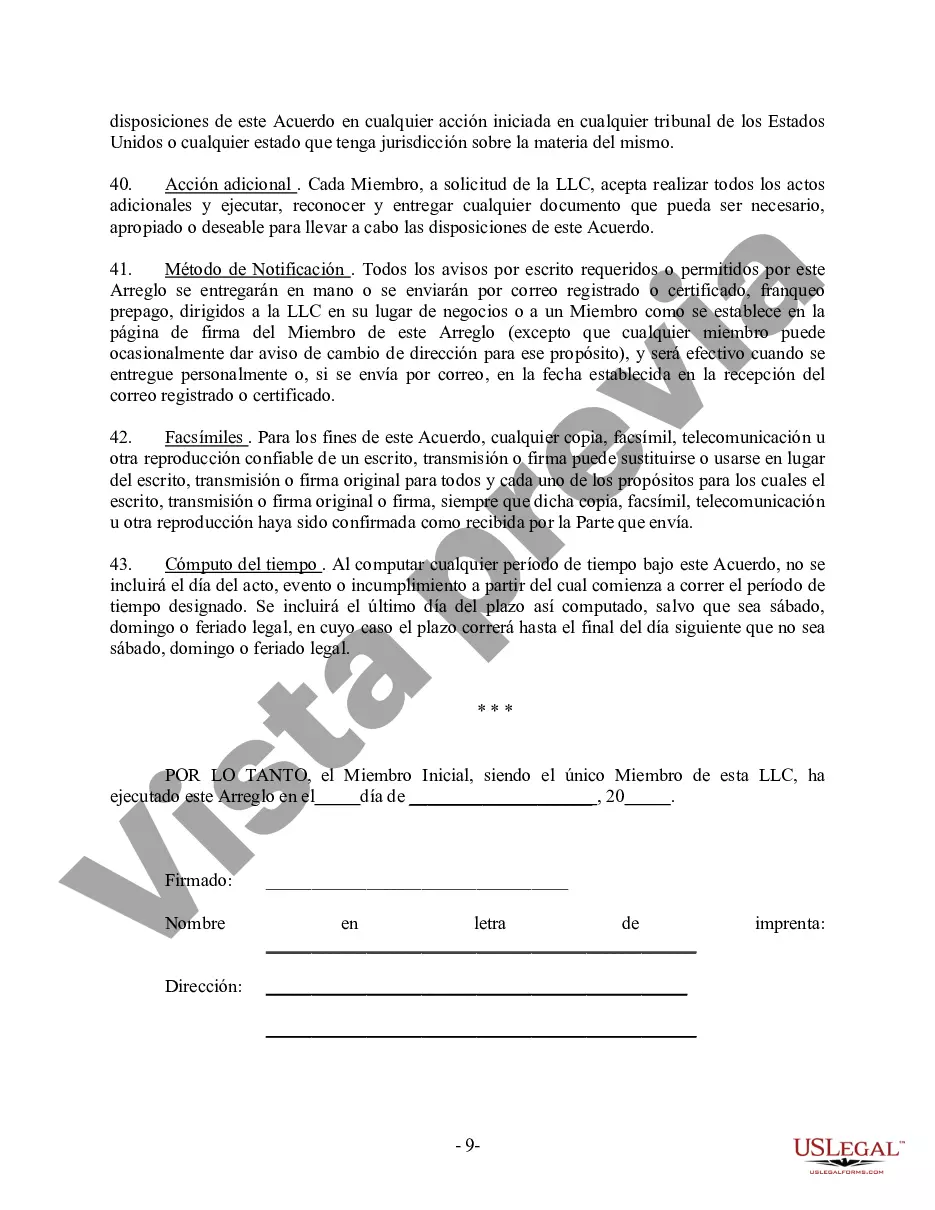 Preview Acuerdo Operativo LLC de Sociedad de Responsabilidad Limitada de Miembro Único