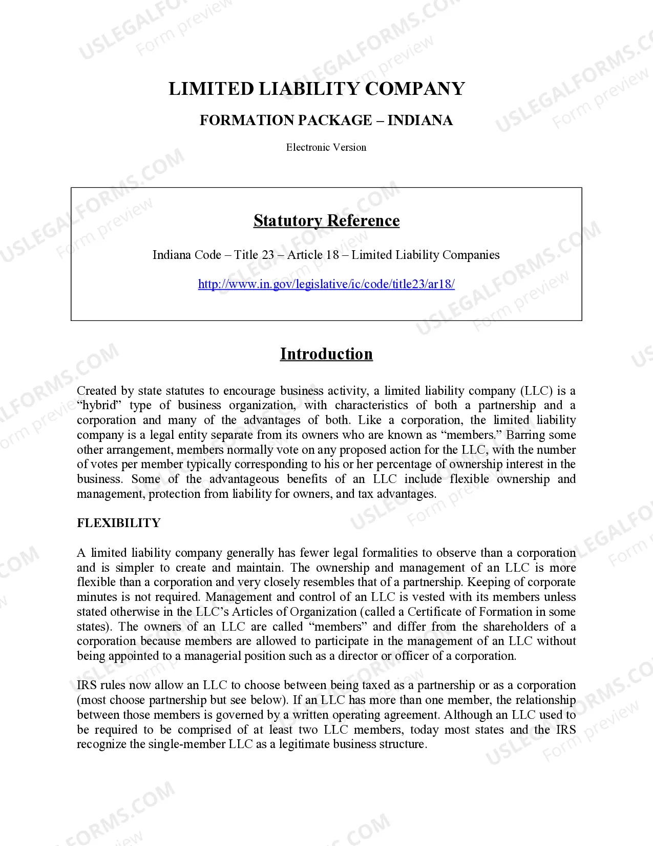 Preview Indiana Limited Liability Company LLC Formation Package