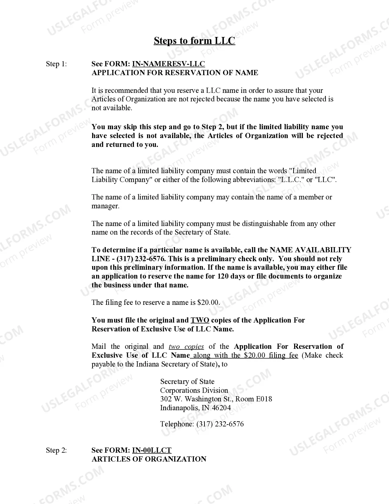Preview Indiana Limited Liability Company LLC Formation Package