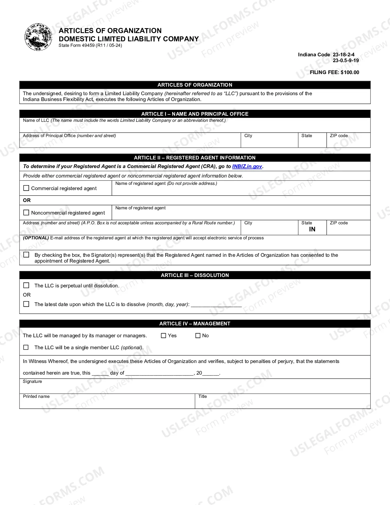 Preview Indiana Articles of Organization for Domestic Limited Liability Company LLC