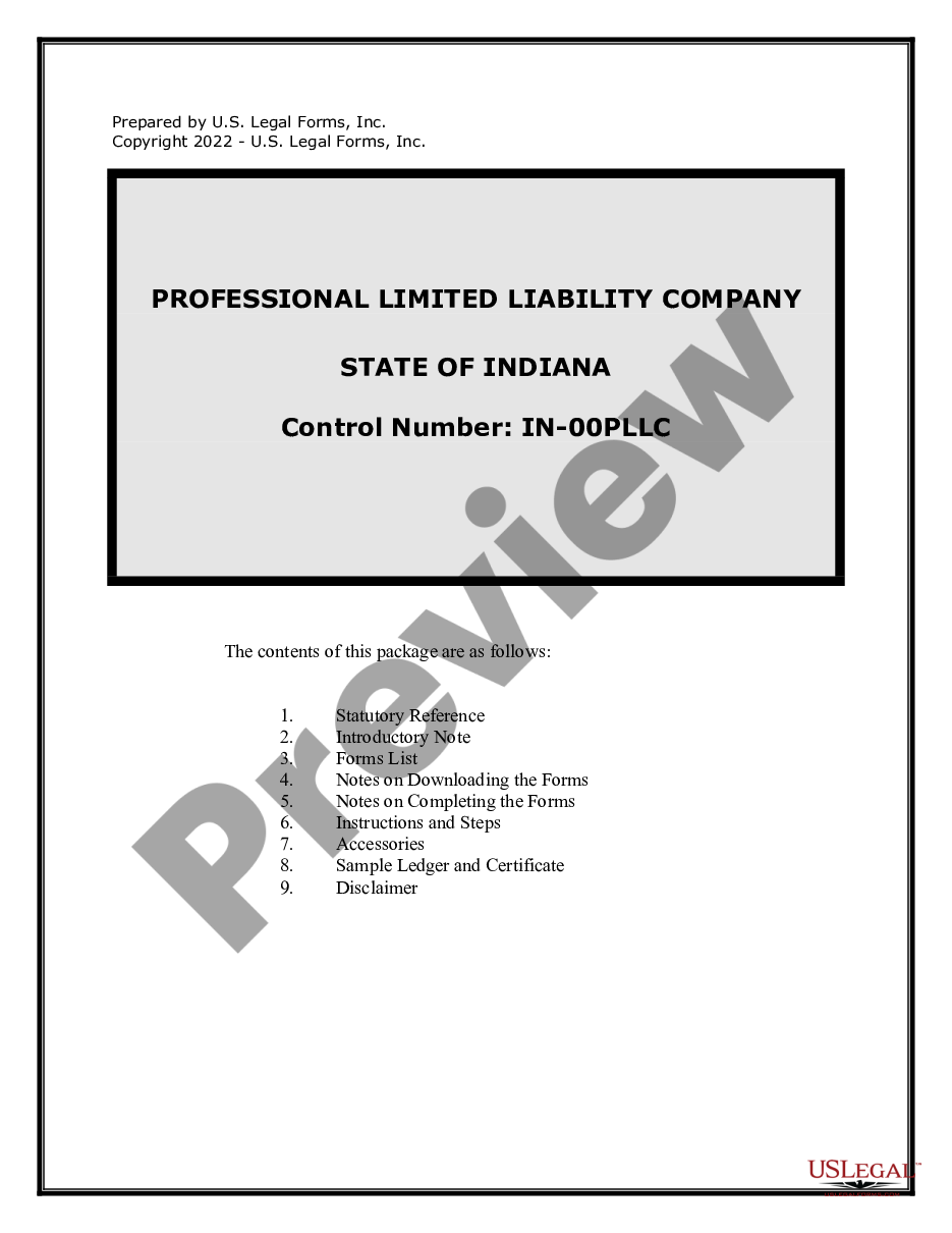 page 0 Indiana Professional Limited Liability Company PLLC Formation Package. preview