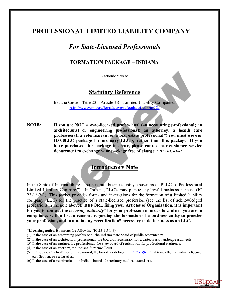 page 1 Indiana Professional Limited Liability Company PLLC Formation Package. preview