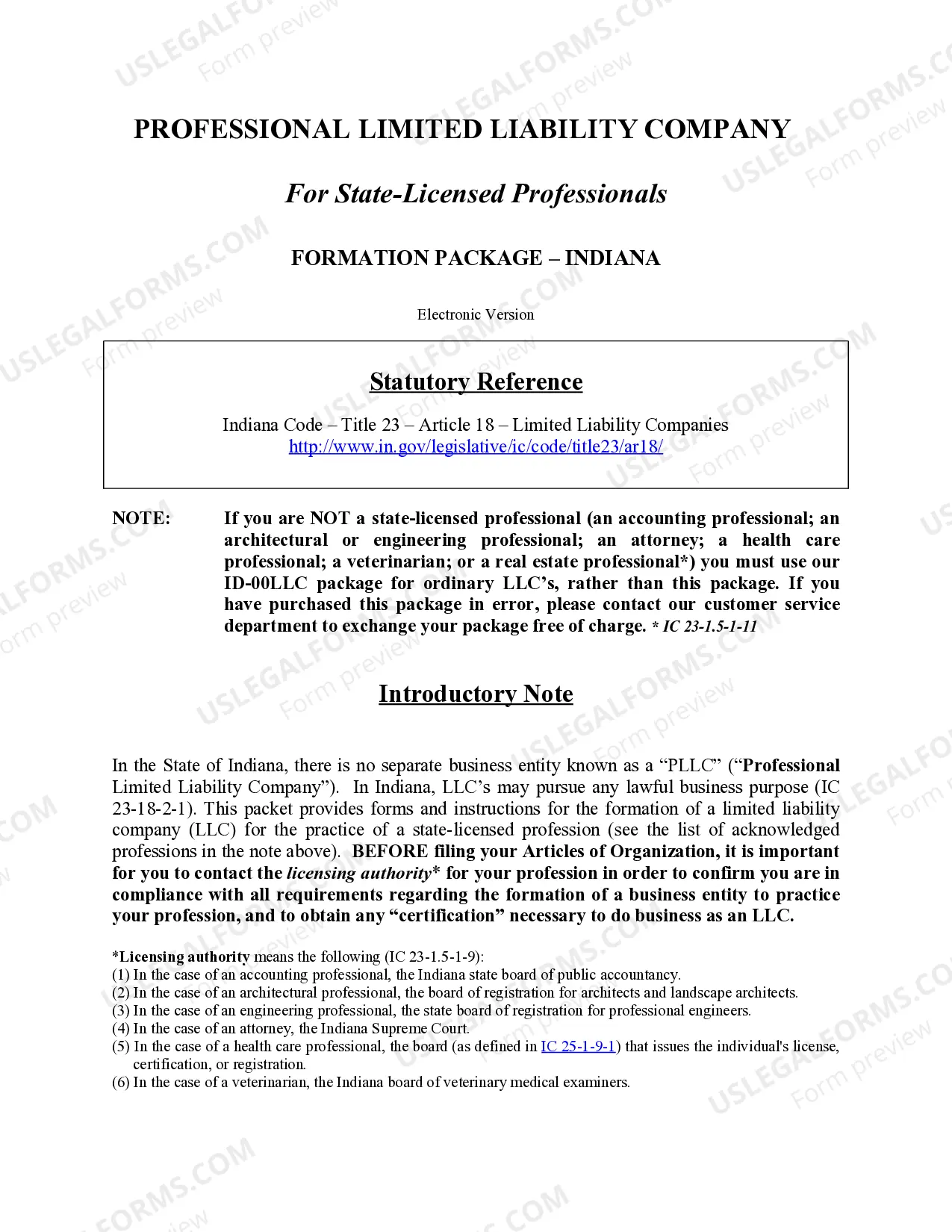 Preview Indiana Professional Limited Liability Company PLLC Formation Package.