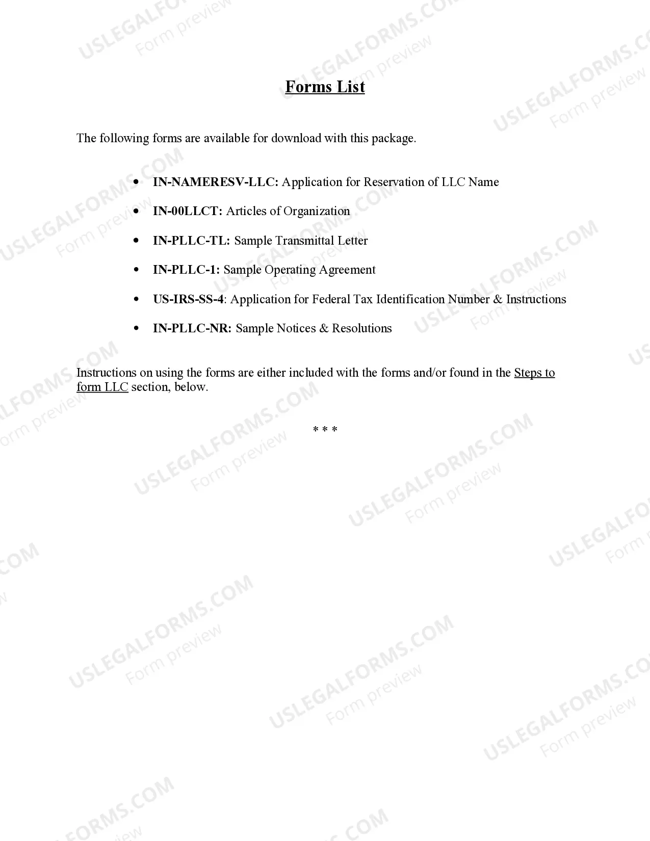 Preview Indiana Professional Limited Liability Company PLLC Formation Package.