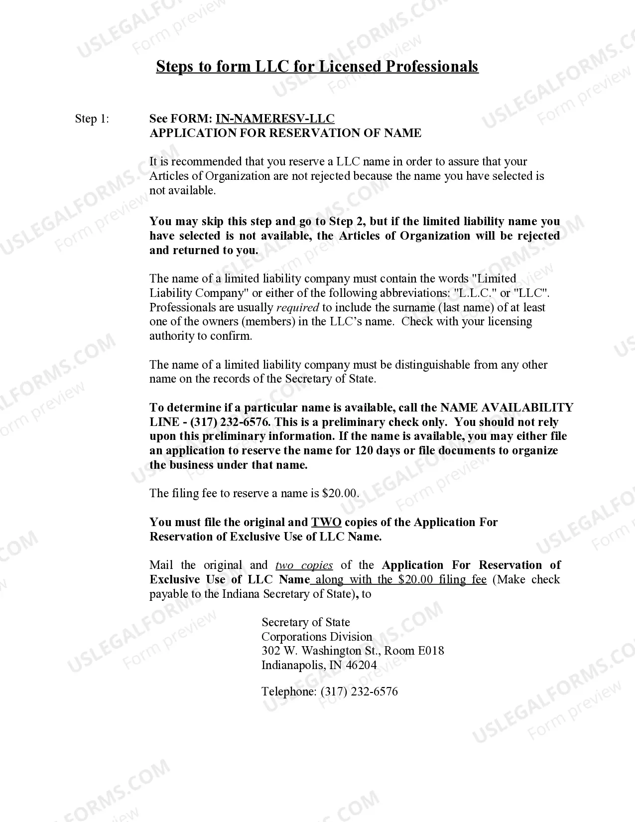 Preview Indiana Professional Limited Liability Company PLLC Formation Package.