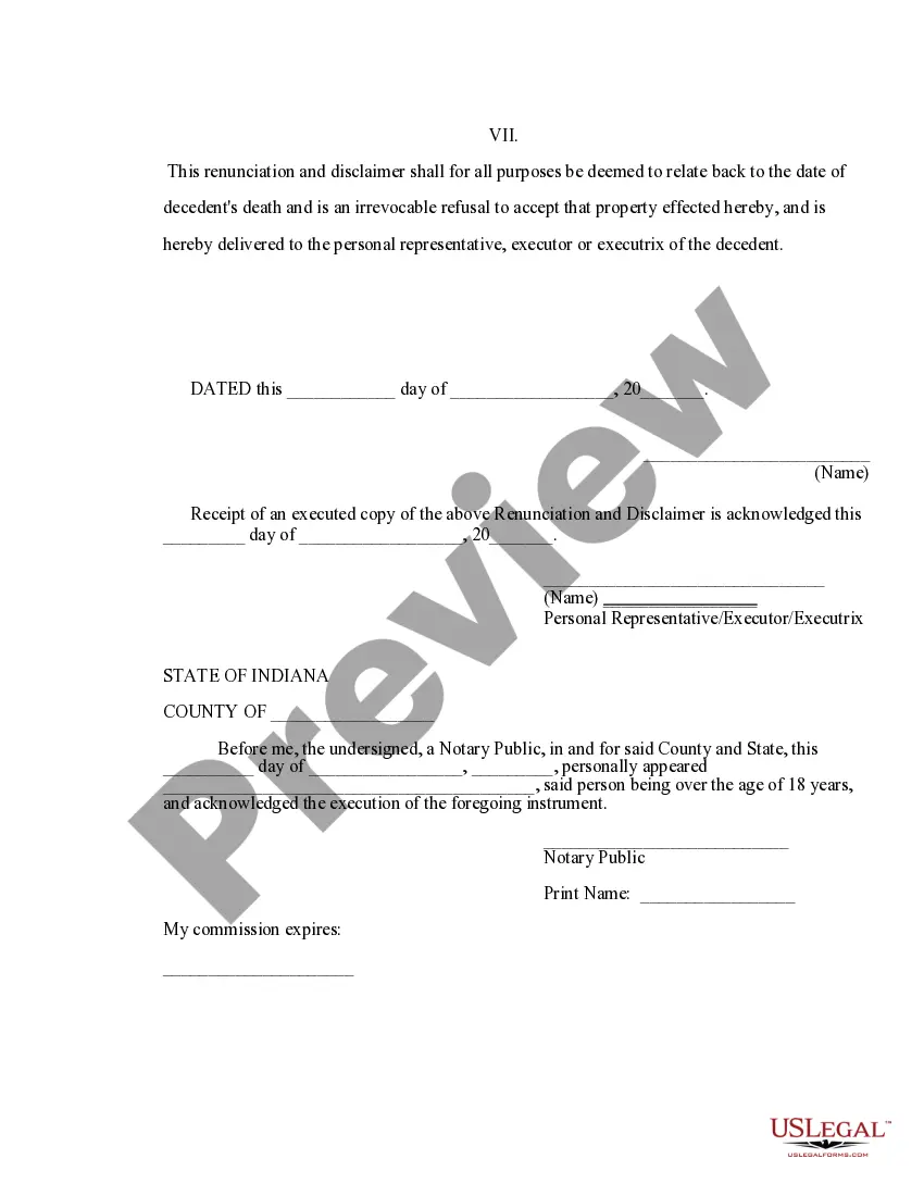 Preview Indiana Renunciation and Disclaimer of Property received by Intestate Succession