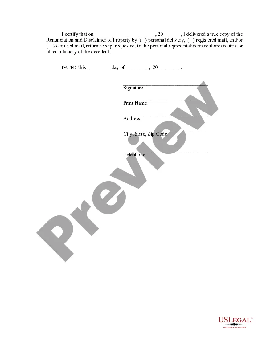 Preview Indiana Renunciation and Disclaimer of Property received by Intestate Succession