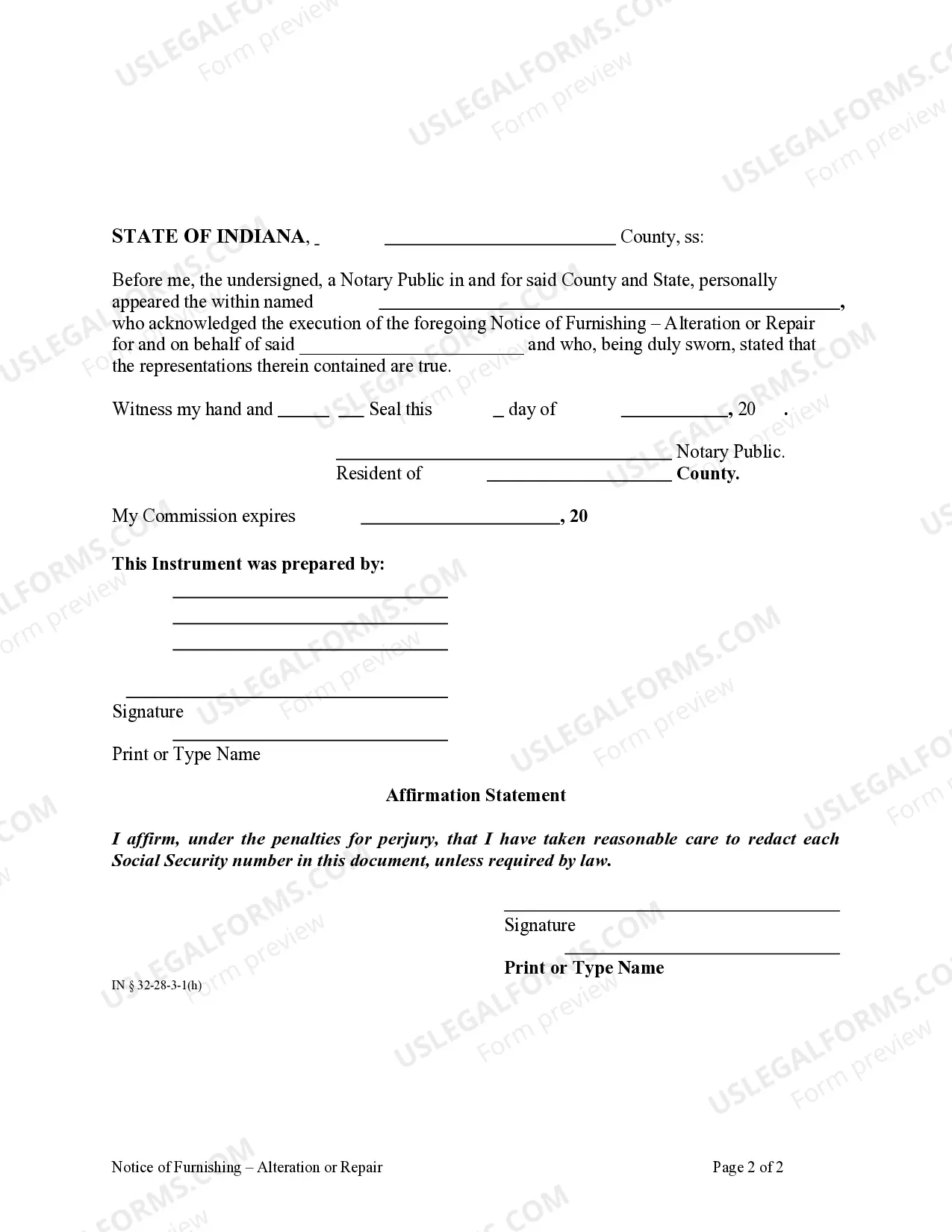 Preview Notice of Furnishing - Alteration or Repair - Individual