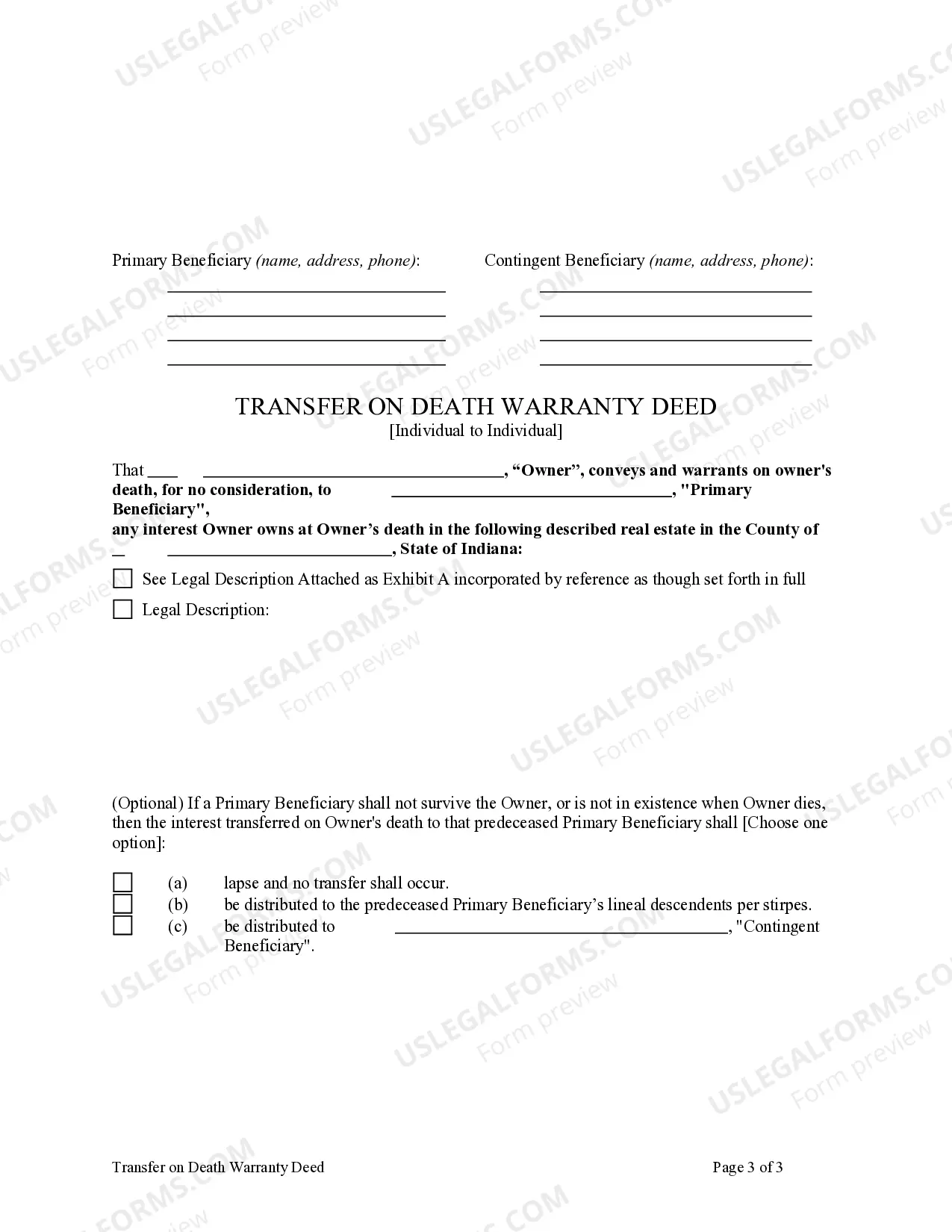 Preview Beneficiary Transfer on Death Warranty Deed from Individual to Individual