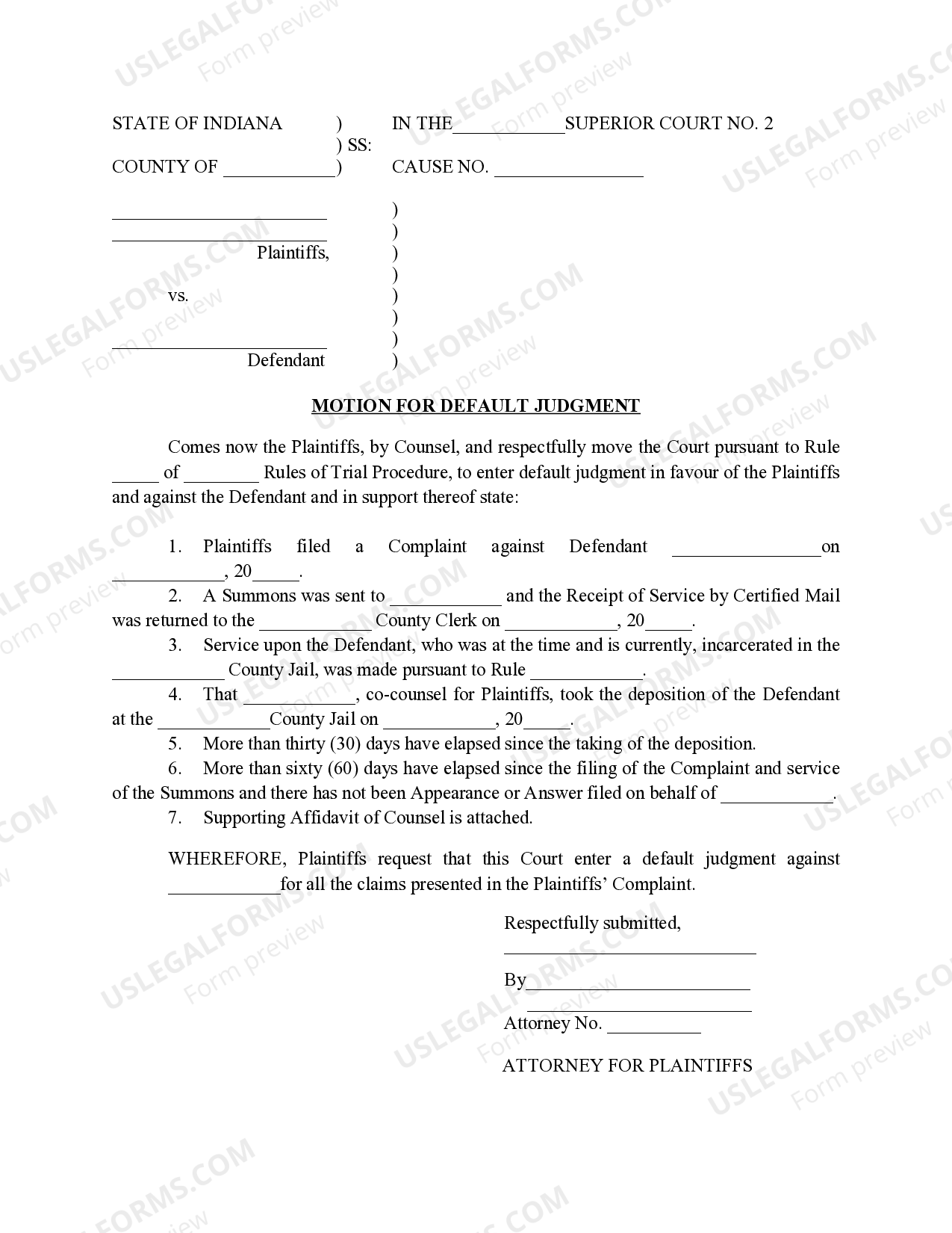 Default Judgment Sample Indiana Motion for Default Judgment | US Legal Forms
