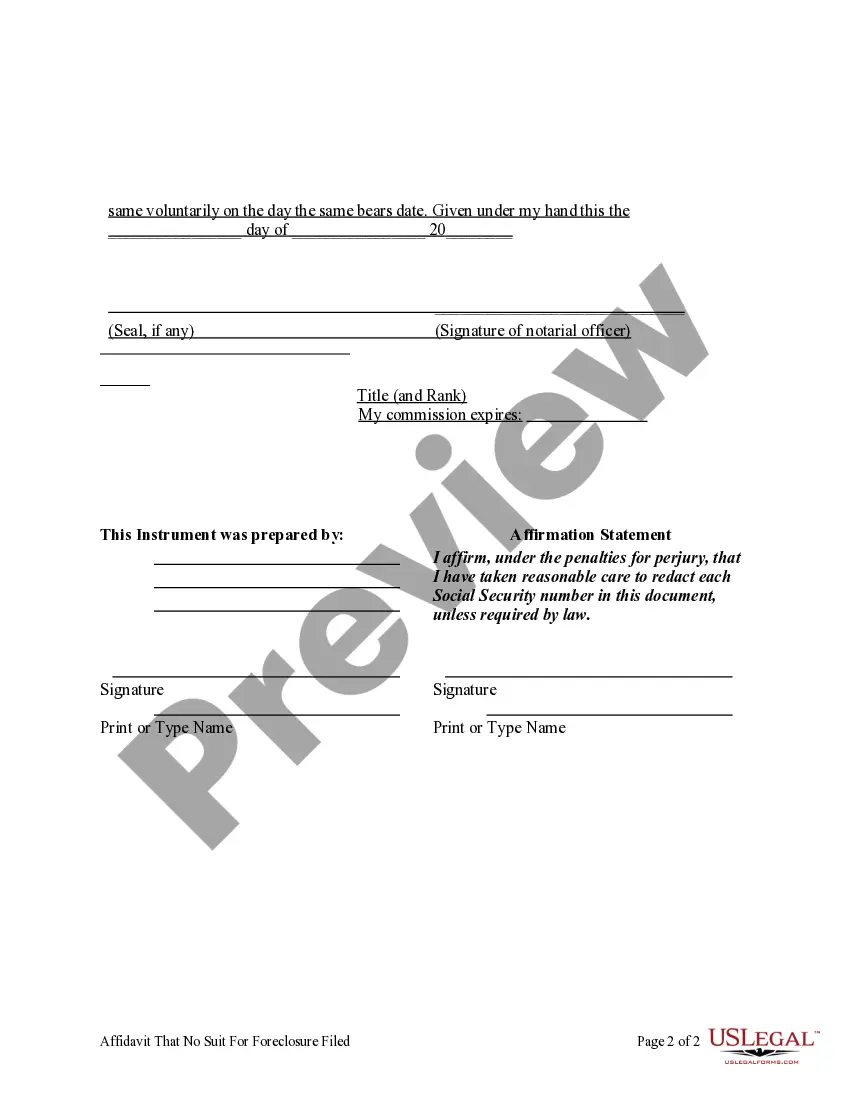 Preview Affidavit that No Suit for Foreclosure Filed - Individual