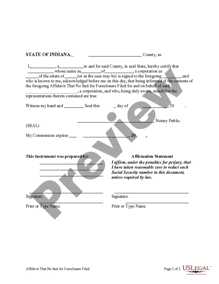 Preview Affidavit that No Suit for Foreclosure Filed - Corporation or LLC