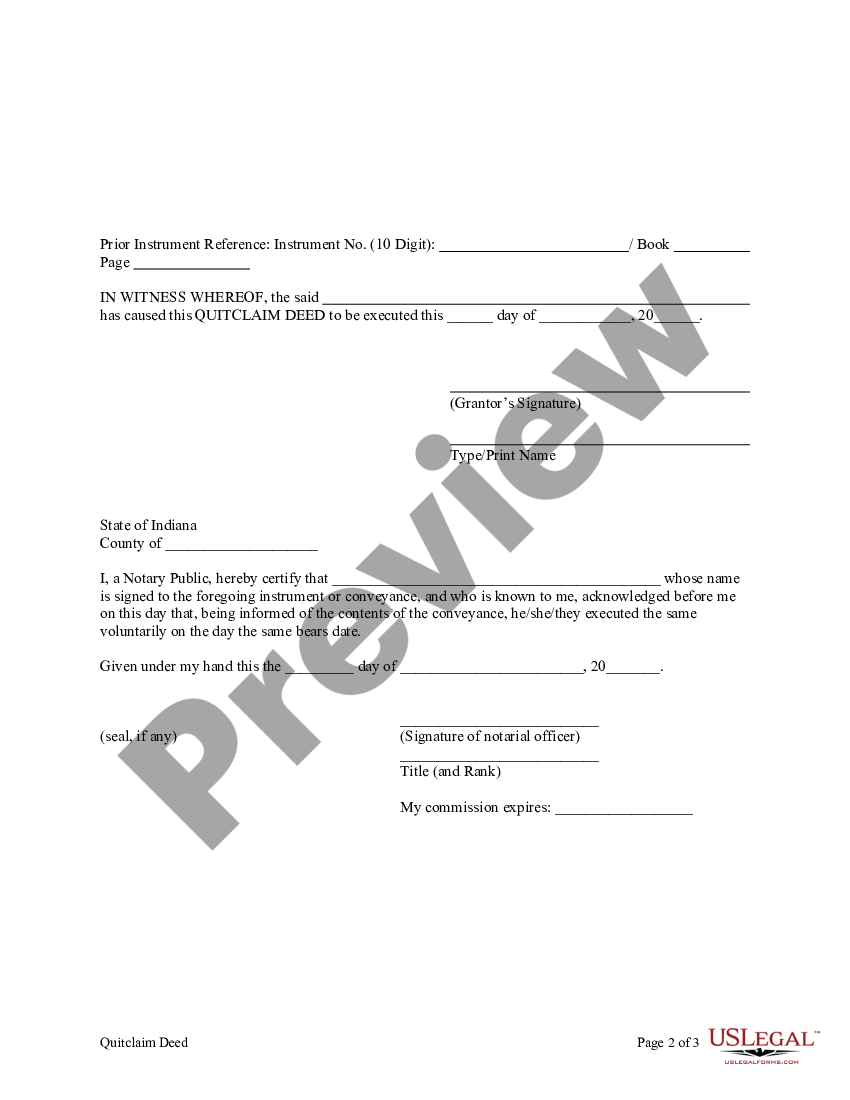 Indiana Quitclaim Deed from Husband to Himself and Wife - In Quitclaim ...