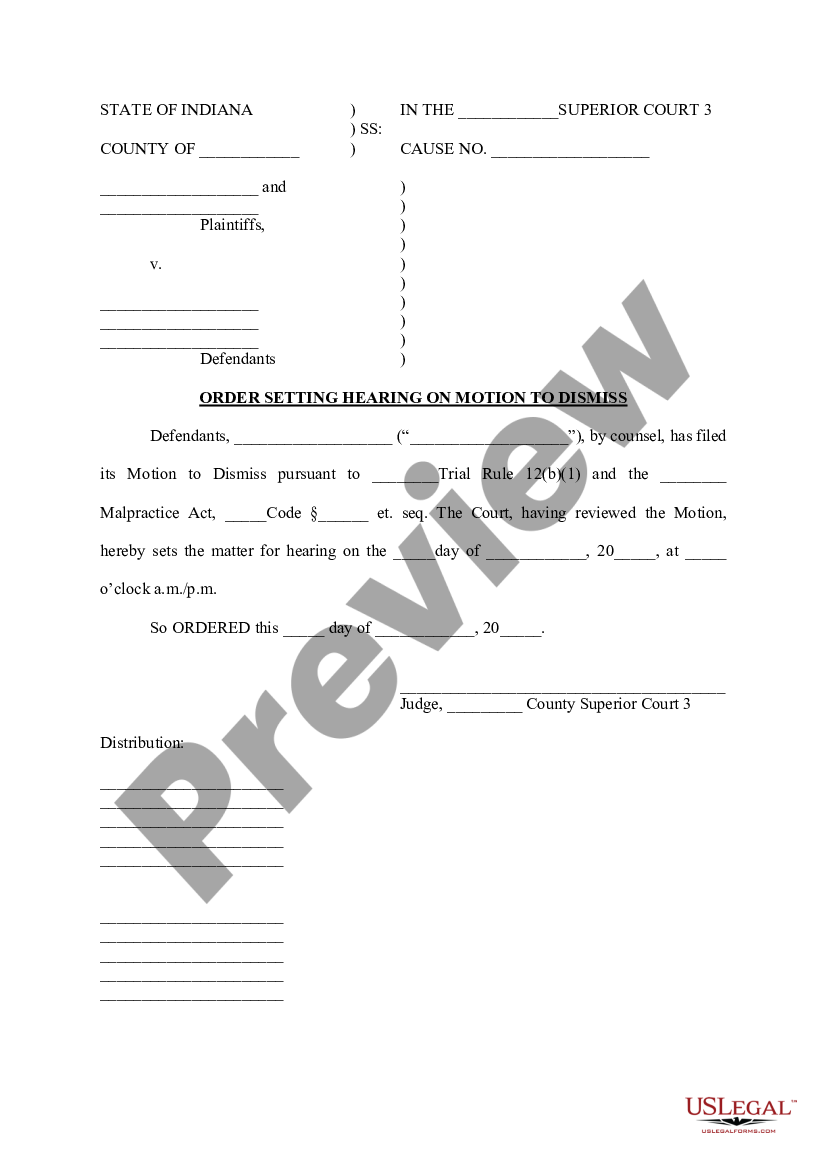 Indiana order setting hearing on motion to order setting hearing us