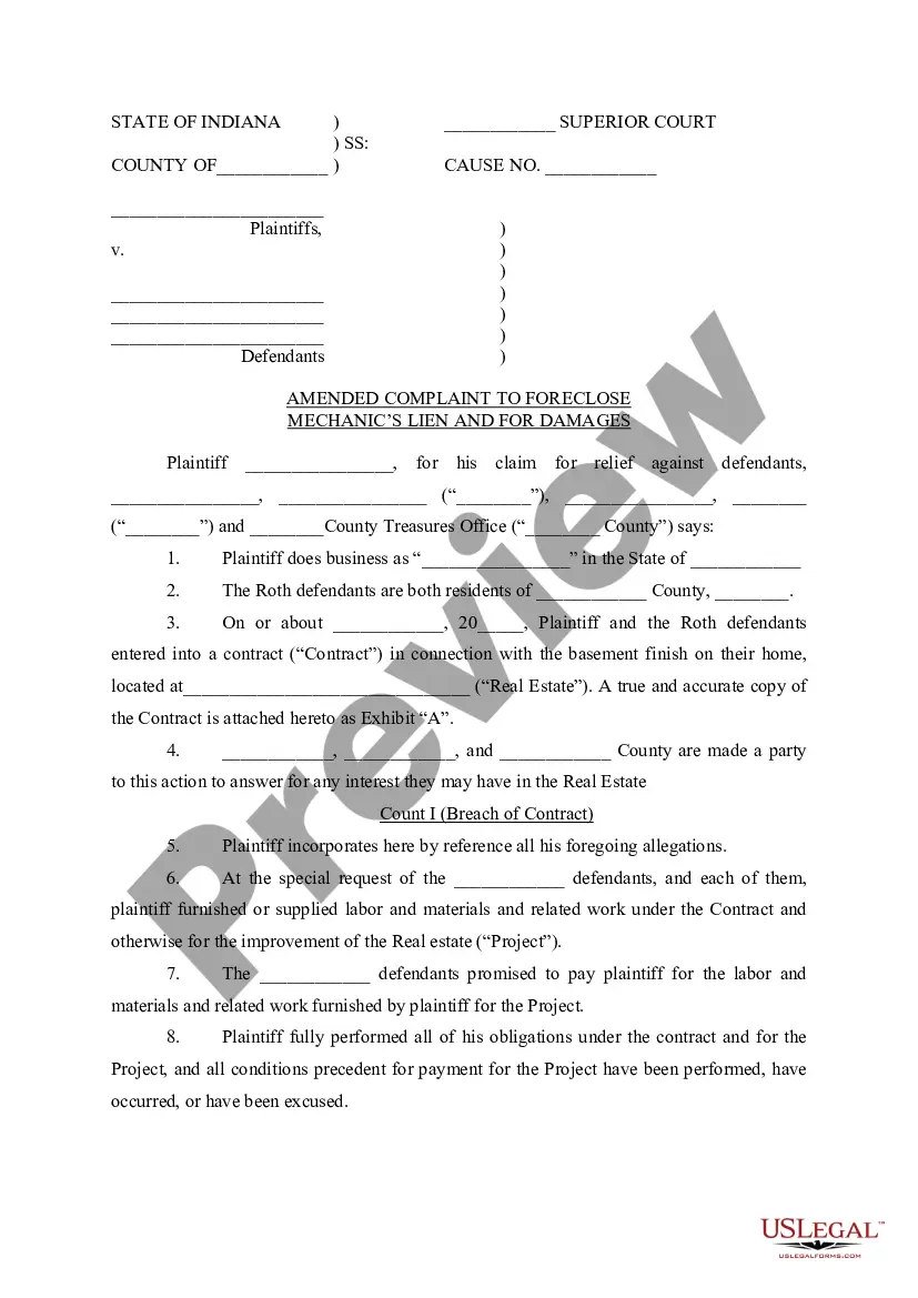 Indiana Amended Complaint to Foreclose Mechanic’s Lien and for Damages ...