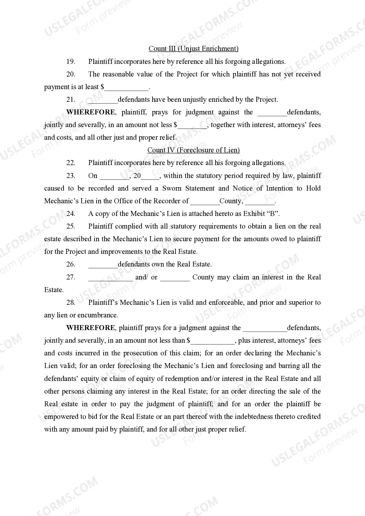 Preview Amended Complaint to Foreclose Mechanic's Lien and for Damages