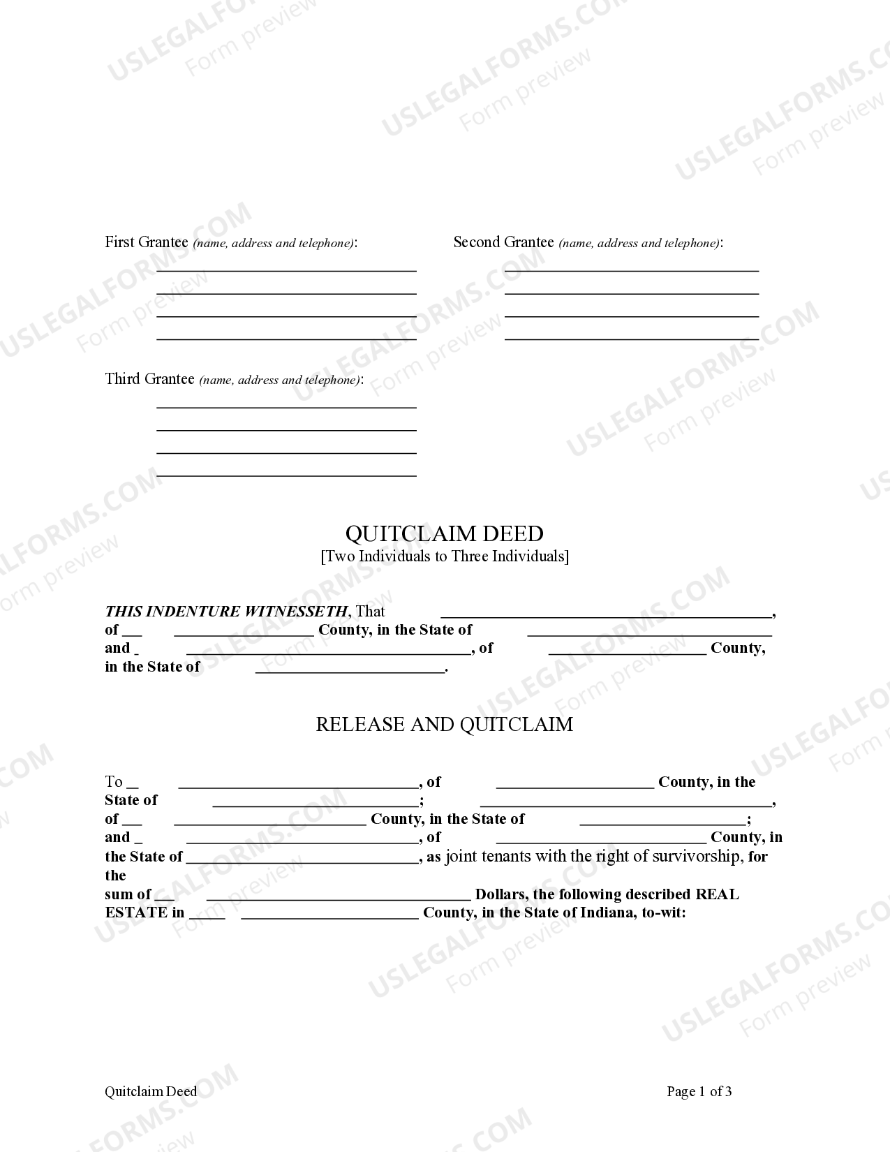 Indiana Quitclaim Deed Two Individuals to Three Individuals US Legal Forms